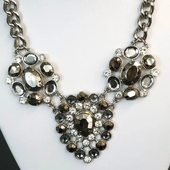 Womens Silver Tone Heavy Chunky Chain Prong Set Crystal Statement Necklace - Picture 2 of 10